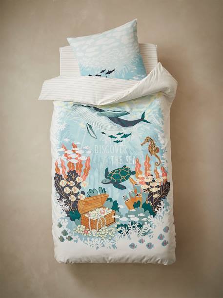 Conjunto de funda nórdica + funda de almohada infantil Deep Ocean AZUL MEDIO LISO CON MOTIVOS 