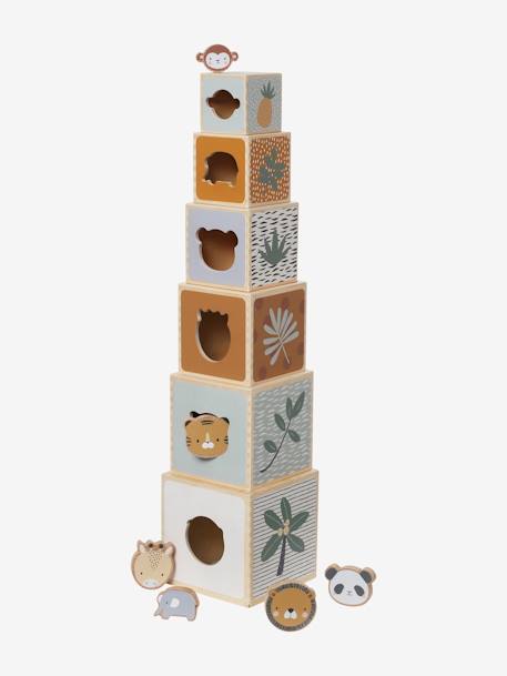 Torre de cubos con formas para encajar de madera FSC®. BEIGE MEDIO LISO CON MOTIVOS+Los amigos del bosque+Los amigos del bosque 