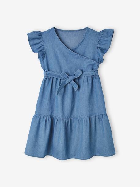 Vestido de efecto cruzado de denim ligero, para niña AZUL OSCURO LAVADO 