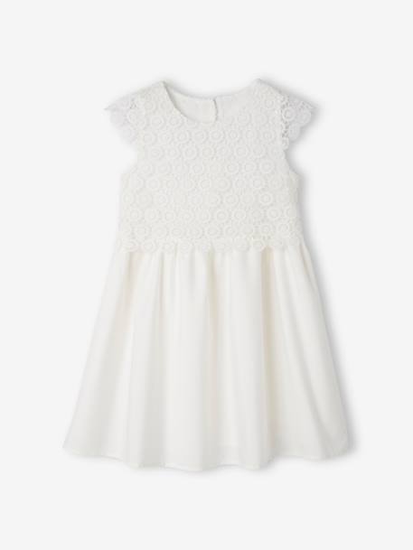 Vestido de ceremonia efecto 2 en 1 con superposición de macramé, para niña BLANCO CLARO LISO+nude 