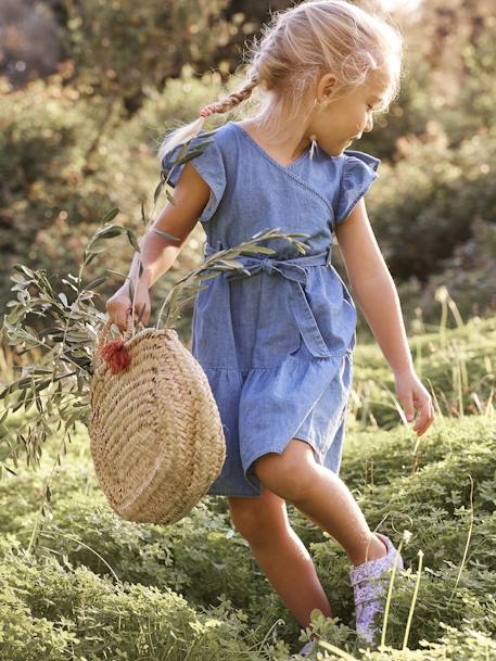 Vestido de efecto cruzado de denim ligero, para niña AZUL OSCURO LAVADO 