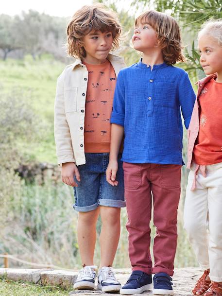 Camisa de gasa de algodón con mangas remangables, para niño amarillo+AZUL MEDIO LISO+crudo+verde 