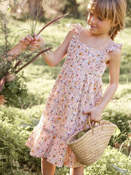 Vestido largo de tirantes con volantes, para niña AMARILLO OSCURO ESTAMPADO+BLANCO CLARO ESTAMPADO+BLANCO MEDIO ESTAMPADO 