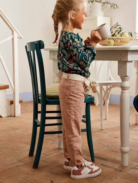 Pantalón 'mom fit' y cinturón fular de gasa de algodón, para niña melocotón+mostaza+rojo+ROSA CLARO LISO+verde esmeralda 