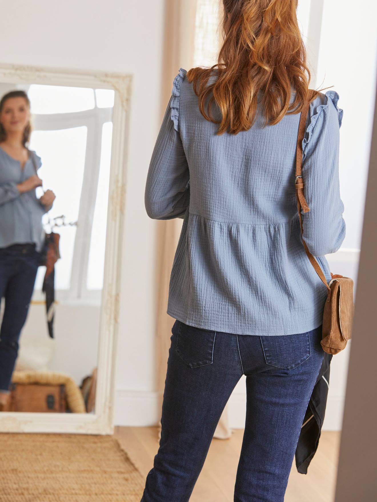 Blusa para embarazo y lactancia de gasa de algodón azul oscuro