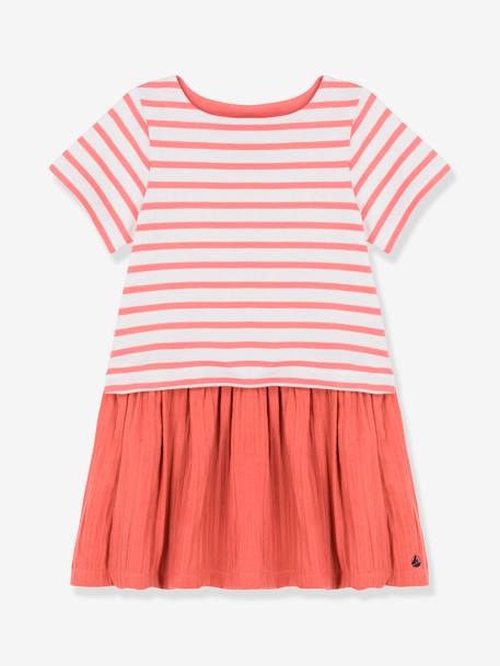 Vestido de manga corta de punto y gasa de algodón orgánico PETIT BATEAU ROJO CLARO A RAYAS 