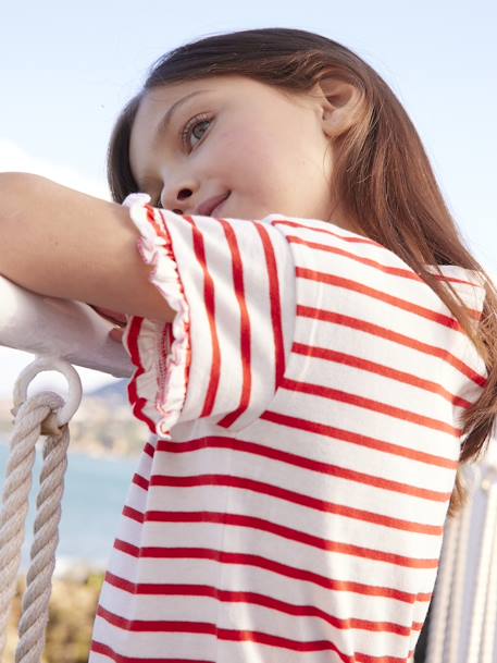 Camiseta a rayas con corazón y lentejuelas, para niña azul marino+BLANCO MEDIO A RAYAS+rayas azul 