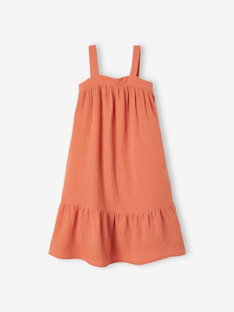 Vestido largo de gasa de algodón, para niña NARANJA FUERTE LISO 