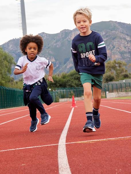 Pantalón de deporte para niño, tejido técnico AZUL OSCURO LISO CON MOTIVOS 