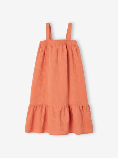 Vestido largo de gasa de algodón, para niña NARANJA FUERTE LISO 