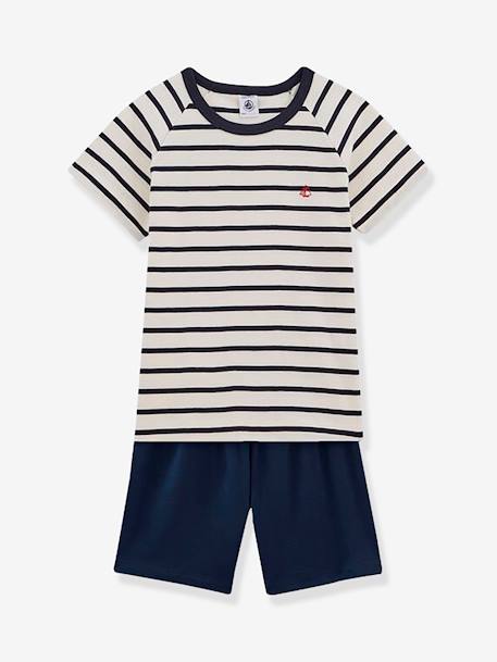 Pijama con short a rayas de algodón para niño - PETIT BATEAU AZUL OSCURO A RAYAS 