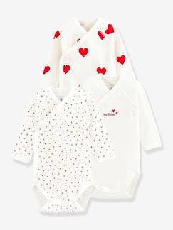 -Lote de 3 bodies cruzados de manga larga Corazones para recién nacido de algodón orgánico PETIT BATEAU