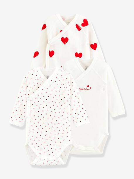 Bebé-Bodies-Lote de 3 bodies cruzados de manga larga Corazones para recién nacido de algodón orgánico PETIT BATEAU