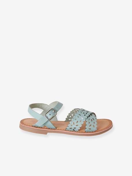 Sandalias de piel curtido vegetal, para niña VERDE CLARO LISO CON MOTIVOS 