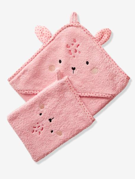 Capa de baño con capucha bordado animales bebé Blanco+ROSA MEDIO LISO 