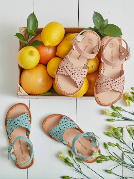 Sandalias de piel curtido vegetal, para niña VERDE CLARO LISO CON MOTIVOS 