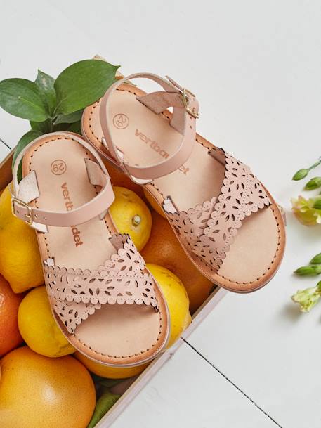 Sandalias de piel curtido vegetal, para niña VERDE CLARO LISO CON MOTIVOS 