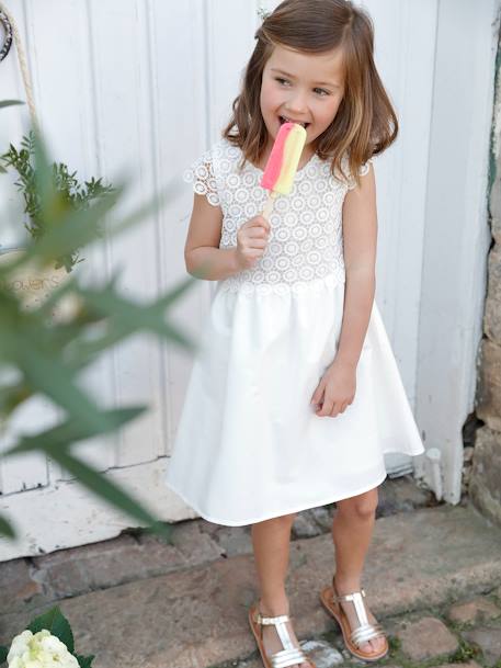 Vestido de ceremonia efecto 2 en 1 con superposición de macramé, para niña BLANCO CLARO LISO+nude 