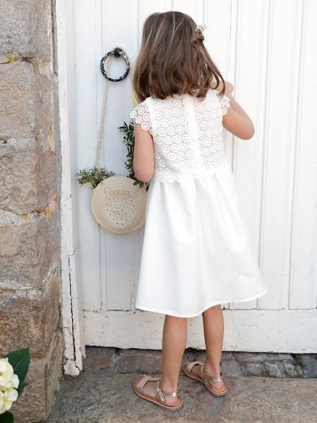 Vestido de ceremonia efecto 2 en 1 con superposición de macramé, para niña BLANCO CLARO LISO+nude 