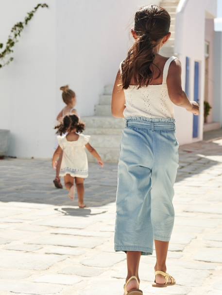 Pantalón pesquero de estilo 'paperbag' de denim ligero, para niña AZUL MEDIO LAVADO 