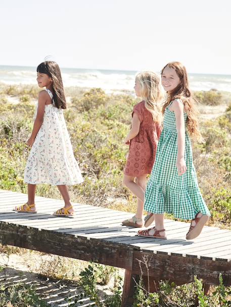 Vestido largo con smocks, para niña VERDE MEDIO A CUADROS 