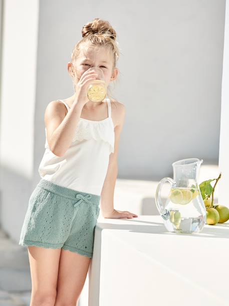 Camiseta sin mangas con volantes, de bordado inglés, para niña BLANCO MEDIO LISO+rosa viejo 