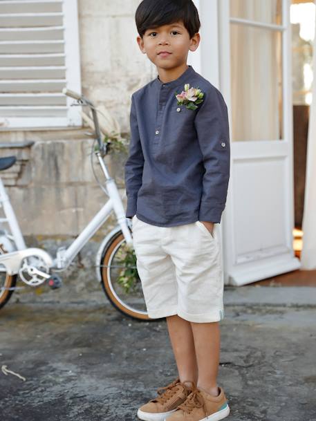 Camisa de lino/algodón para niño con cuello mao, de manga larga azul claro+AZUL FUERTE LISO+Blanco claro liso+VERDE MEDIO LISO 