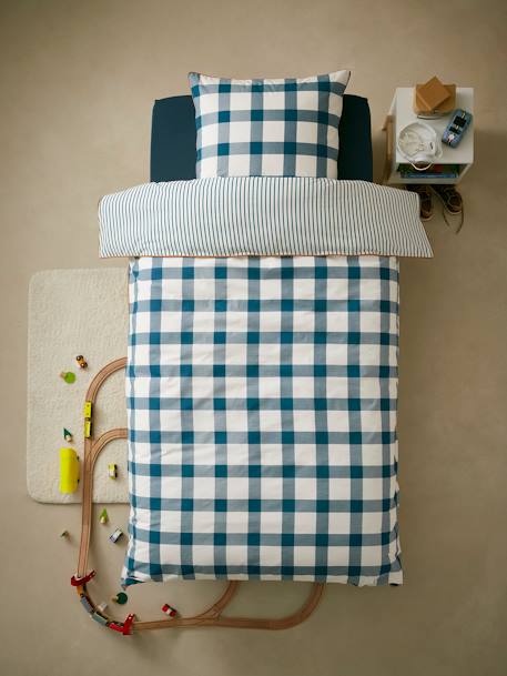 Conjunto de funda nórdica + funda de almohada infantil CARREAUX AZUL OSCURO ESTAMPADO 