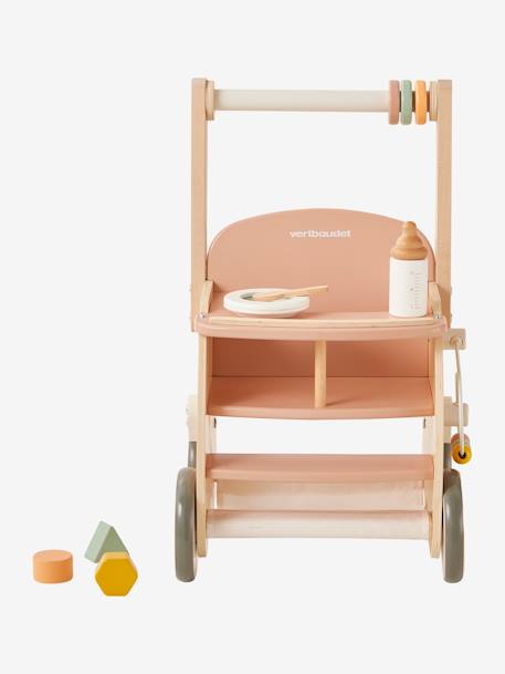 Carrito andador con silla para muñeca de madera FSC® rosado+verde 