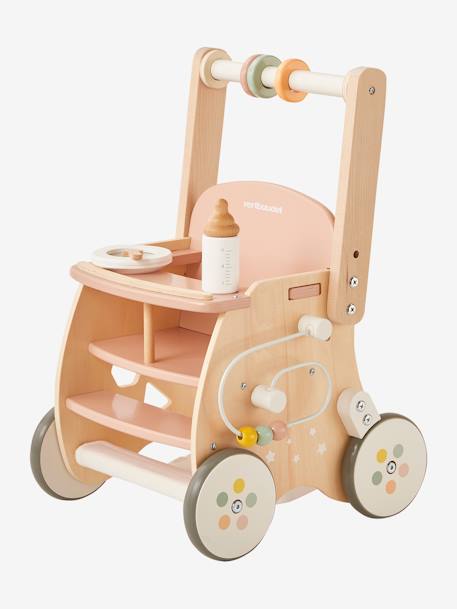 Carrito andador con silla para muñeca de madera FSC® rosado+verde 