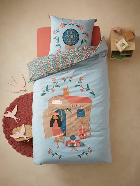 Conjunto de funda nórdica + funda de almohada infantil GIPSY ROULOTTE AZUL MEDIO LISO CON MOTIVOS 