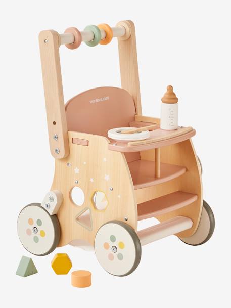 Carrito andador con silla para muñeca de madera FSC® rosado+verde 