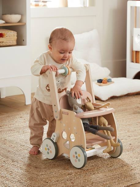 Carrito andador con silla para muñeca de madera FSC® rosado+verde 