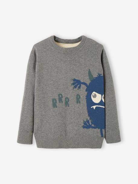 Jersey jacquard con dinosaurio, para niño AZUL MEDIO LISO CON MOTIVOS+GRIS CLARO JASPEADO 