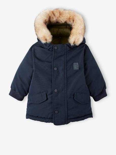 Parka reversible para bebé con capucha AZUL OSCURO LISO CON MOTIVOS 