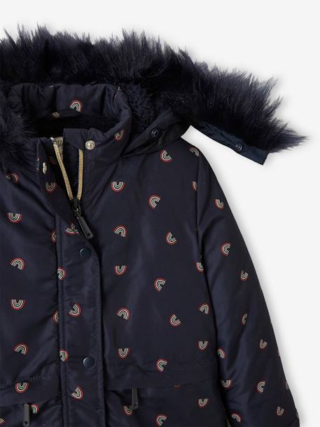 Parka con capucha y forro de sherpa, para niña AZUL OSCURO ESTAMPADO+MARRON MEDIO ESTAMPADO 