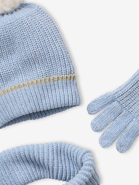 Conjunto de gorro + snood + guantes de punto chenilla, niña AZUL CLARO JASPEADO 