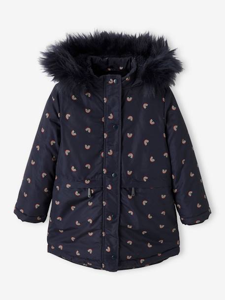 Parka con capucha y forro de sherpa, para niña AZUL OSCURO ESTAMPADO 