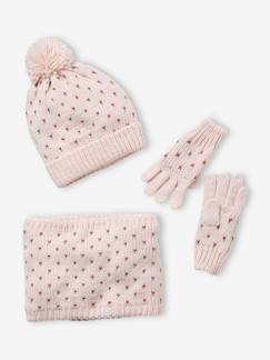 Conjunto de gorro + snood + manoplas Corazones, niña