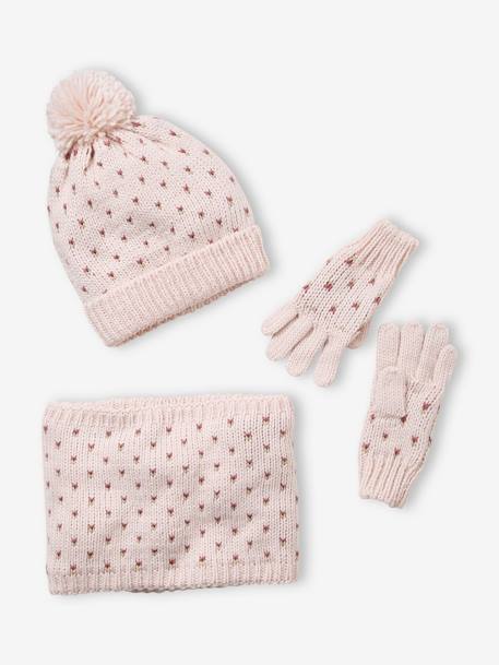 Conjunto de gorro + snood + manoplas Corazones, niña AZUL OSCURO ESTAMPADO+ROSA CLARO LISO CON MOTIVOS 