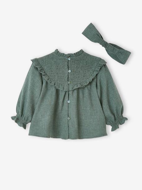 Blusa con smocks y cinta del pelo a juego, para bebé lila+VERDE OSCURO GRISACEO+violeta claro 