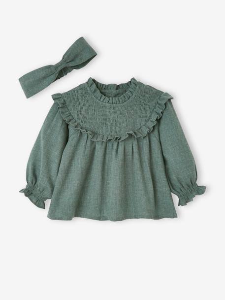 Blusa con smocks y cinta del pelo a juego, para bebé VERDE OSCURO GRISACEO+violeta claro 