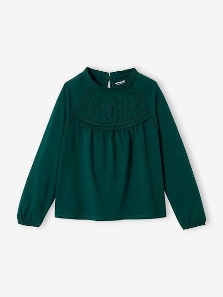 Camiseta blusa con detalle de bordado inglés, niña crudo+rosa viejo+VERDE OSCURO LISO 