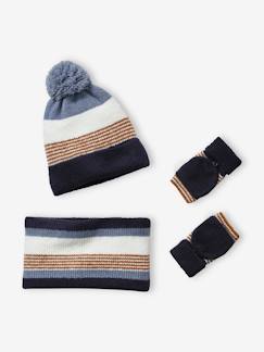 -Conjunto de gorro + snood + manoplas a rayas, niño