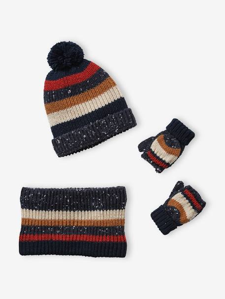 Conjunto de gorro + snood + manoplas a rayas, niño AZUL OSCURO BICOLOR/MULTICOLOR 