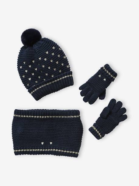 Conjunto de gorro + snood + manoplas Corazones, niña AZUL OSCURO ESTAMPADO 