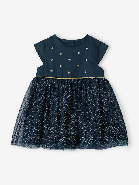 Vestido de fiesta para niña de satén y tul irisado azul oscuro 