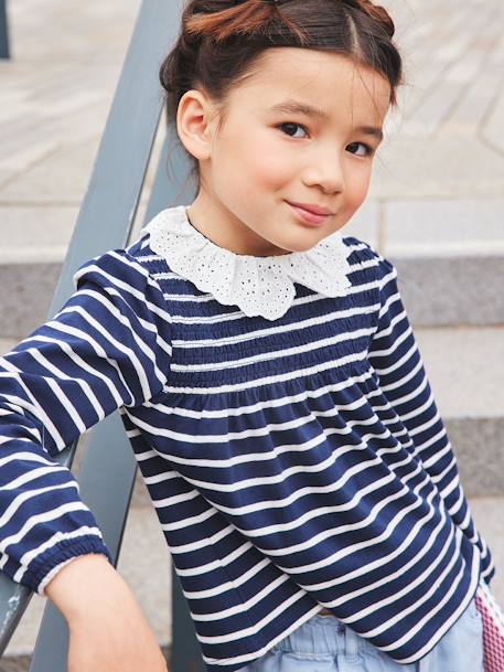 Camiseta blusa cuello de bordado inglés, niña AZUL OSCURO A RAYAS+rosa maquillaje 