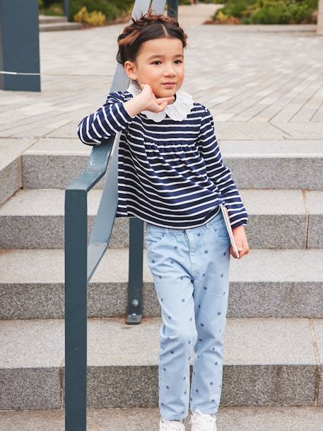 Camiseta blusa cuello de bordado inglés, niña AZUL OSCURO A RAYAS 