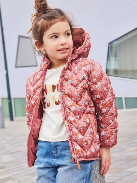 Chaqueta acolchada ligera con capucha y motivos irisados, para niña 6386+6636+AMARILLO MEDIO ESTAMPADO+ROSA MEDIO ESTAMPADO 